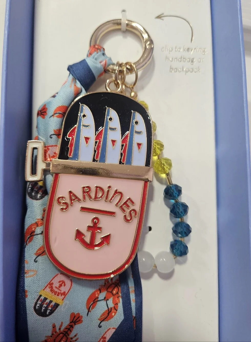 Sardines Bag Charm with Blue Scarf & Beaded Accent